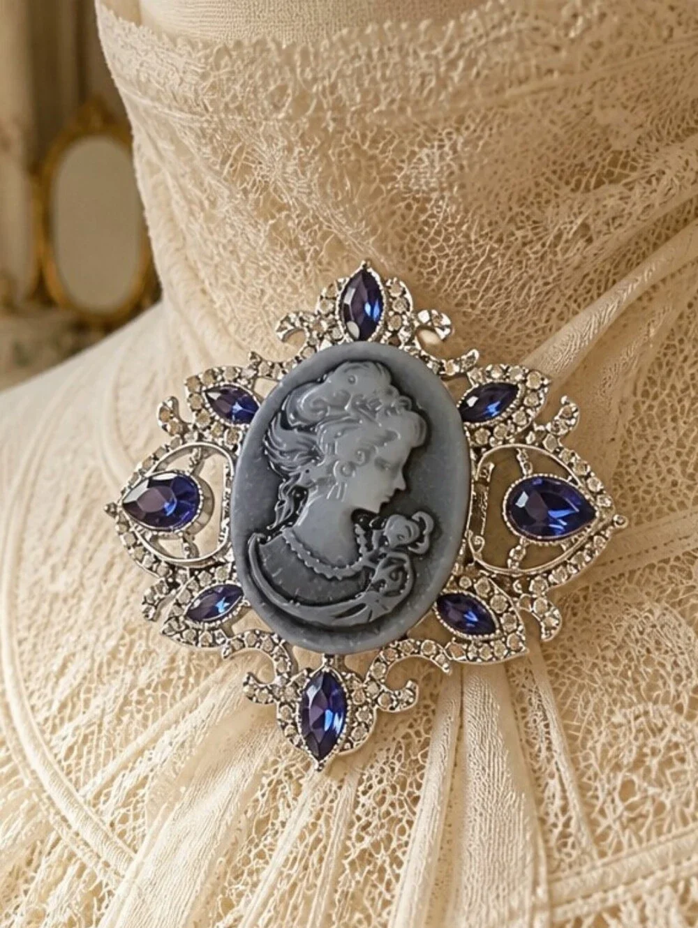 Silver Blue Cameo Brooch Victorian Rhinestone Filigree Diamond Pendant Pin Glam
